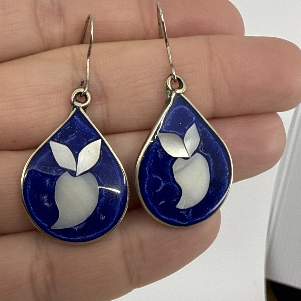Vintage Alpaca Mexico Silver Drop Earrings Abalone‎ Mother Of Pearl Lapis Inlay